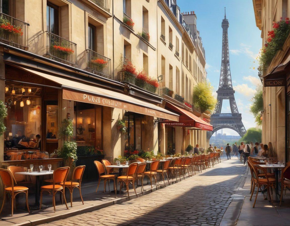 A stylish Parisian street scene featuring a cozy café with chic outdoor seating, where locals and tourists mingle. Lively decorations like fresh flowers and artistic street art add vibrancy, while the iconic Eiffel Tower looms in the background. Capture the essence of urban living with warm sunlight filtering through the buildings, highlighting the charm of Paris. super-realistic. vibrant colors. painting.