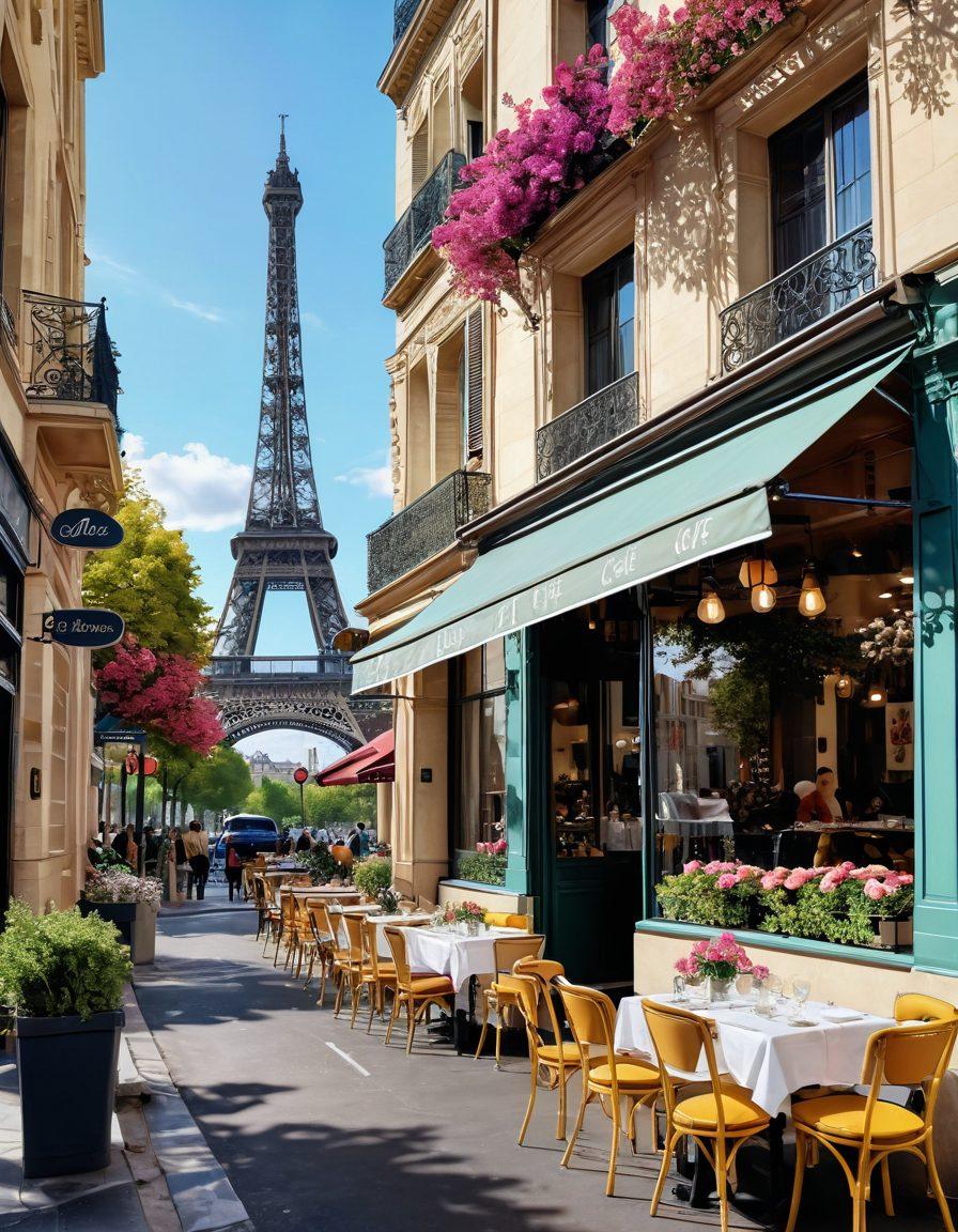 A picturesque Parisian street scene featuring a stylish café with outdoor seating, adorned with blooming flowers and fashionable pedestrians in chic outfits. A backdrop of iconic Parisian architecture and the Eiffel Tower peeking through the buildings. The atmosphere is vibrant, capturing the essence of fashion, culture, and urban living in Paris. soft pastel colors. super-realistic. vibrant colors.