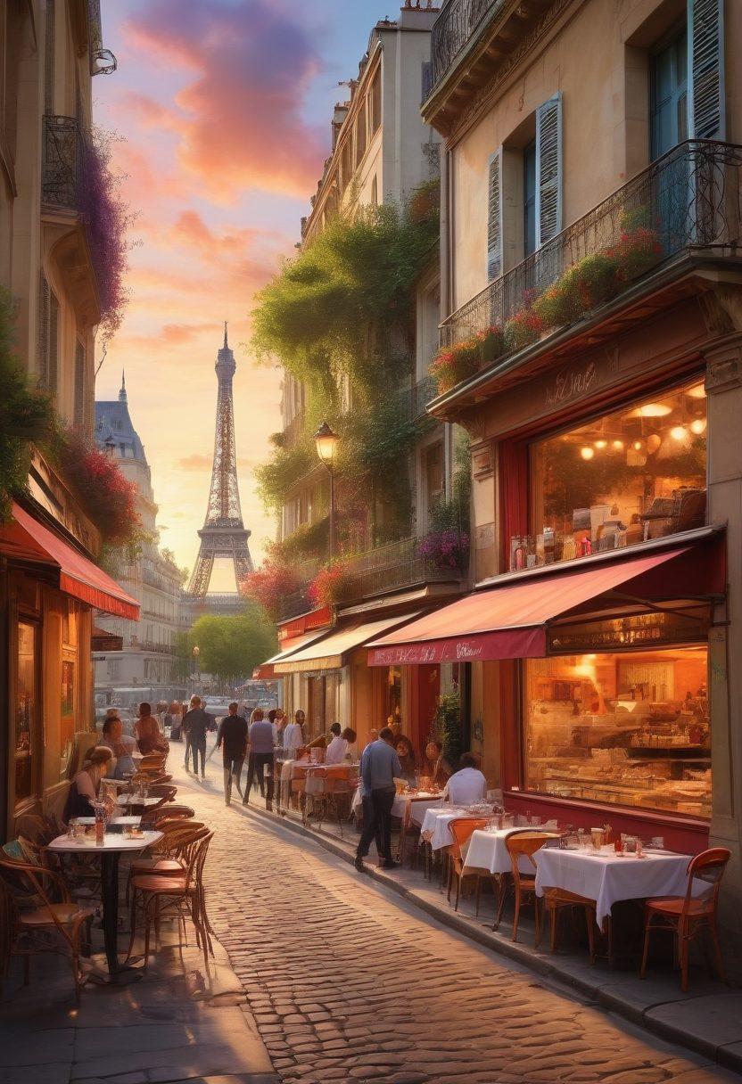 A dreamy street scene in Paris showcasing artists at work, vibrant outdoor cafés bustling with people enjoying gourmet cuisine, iconic landmarks like the Eiffel Tower in the background, splashes of colorful murals on the buildings, and a sunset casting warm light over the city. super-realistic. vibrant colors. soft focus.